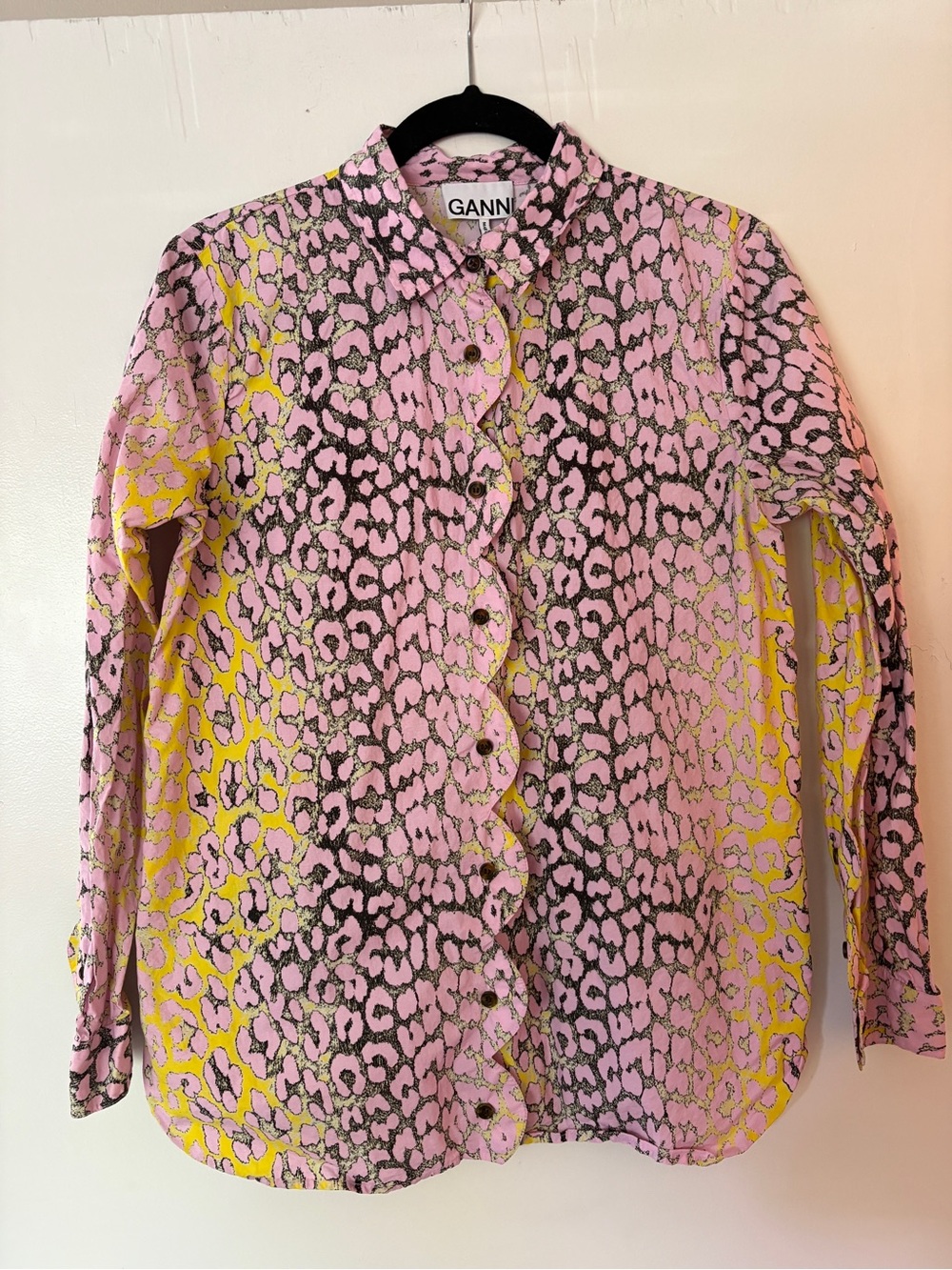 Ganni Pink Leopard-Print Ruffle Button Blouse with Yellow Accents